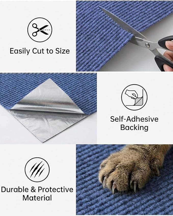Corner & Wall Cat Scratch Mat, Self-Adhesive Trimmable Cat Scratcher, Wall Mounted Scratching Pad for Indoor Cats, Sofa Furniture Protector, Cat Post Cover Replacement (Blue, 23.6''x11.8'', 3-Pack)