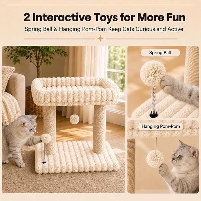 Cat Tree with Cat Scratching Post for Indoor Cats,Small Cat Tower with Soft Large Perch Bed Sisal Scratcher for Medium Cats and Kitten,Activity Play Centre Spring & Hanging Toy Balls,Beige