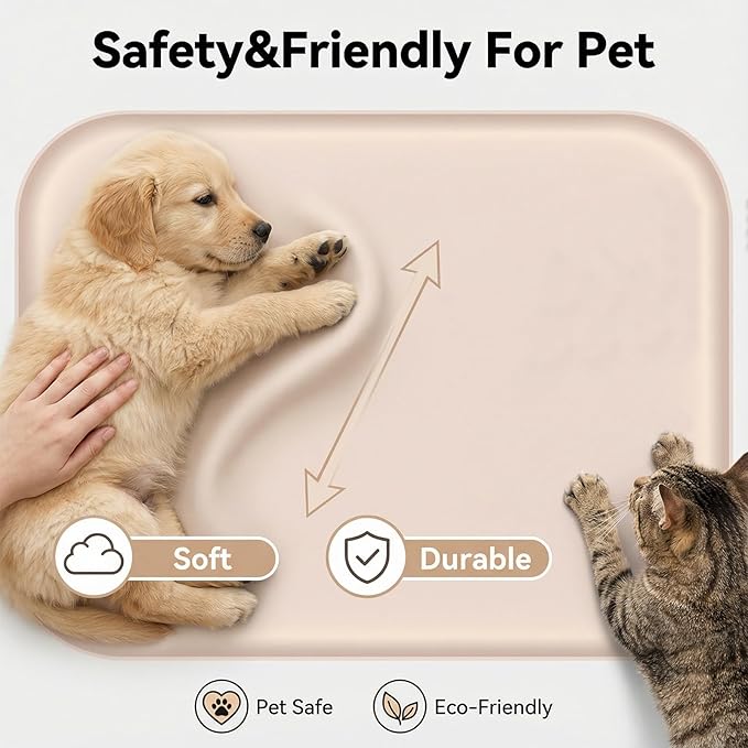 BLESWIN Non-Slip Silicone Dog Food Mat for Food and Water, 18" x 12" Raised Edge Pet Feeding Mat - Waterproof Dog Bowl Mat Easy Clean for Floor Protector,Beige