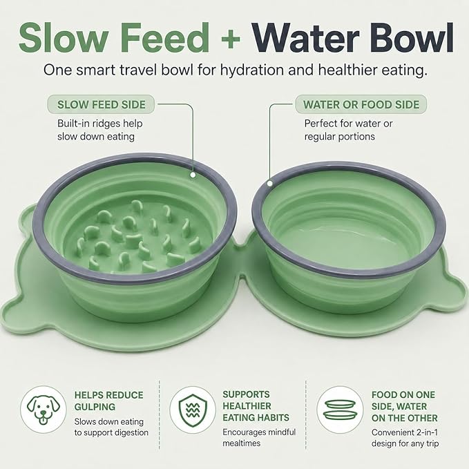 Collapsible Dog Bowls, 2-in-1 Silicone Pet Food and Water Bowl with Carabiner - Portable Double Compartment Travel Dish for Dogs, Ideal for Camping, Hiking, Car Rides, Puppy Essentials(Green)