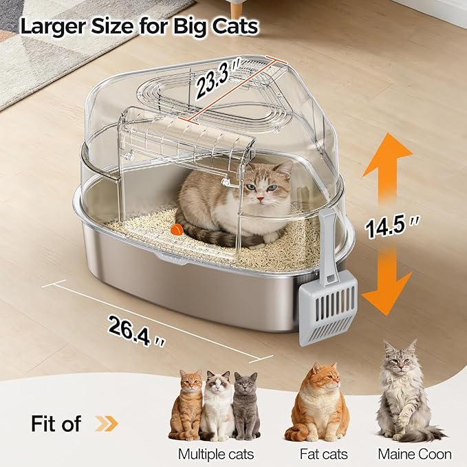 Chumajor XXL Stainless Steel Corner Cat Litter Box with Lid - Sturdy, No Odor & Space-Saving Hidden Design for Large Cats, Grey