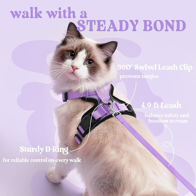 rabbitgoo Cat Harness and Leash Set, Escape Proof Vest Harness for Safe Outdoor Walks, Soft Breathable Adjustable Vest with Reflective Strips for Average to Large Cats, Light Purple, M