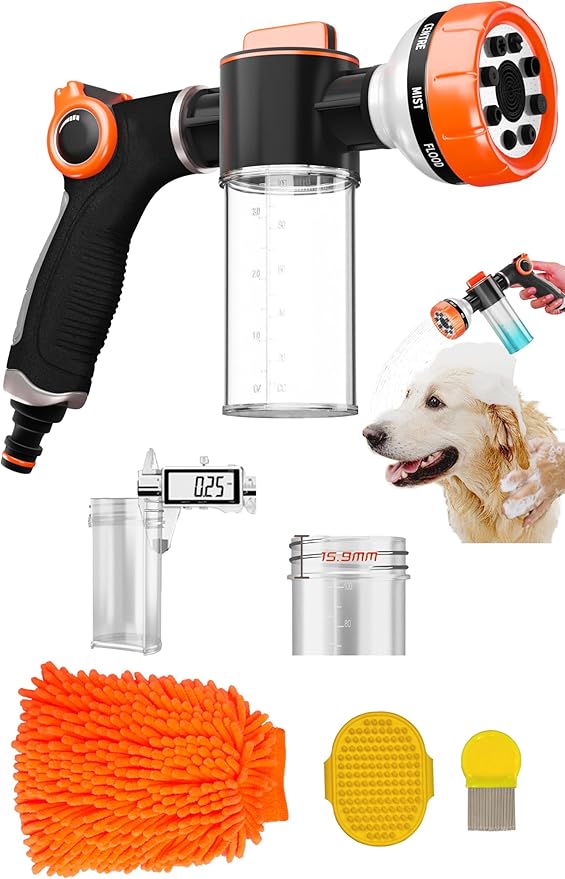 Dog Washing Hose Attachment with Car Wash Mitt, 8-Pattern Dog Bath Sprayer, Easy-Control Hose Nozzle with Soap Dispenser for Garden, Pet Shower and Car Wash