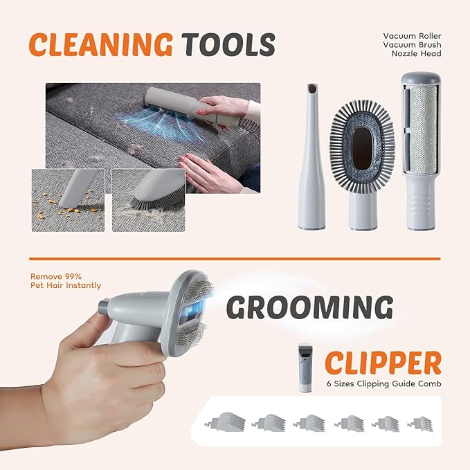 DUMOS Pet Grooming Vacuum Kit, 3 Adjustable Suction Modes Dog Clipper, 5 Professional Grooming Tools with Cordless Low Noise Cat Hair Clippers, 2.5L, Gray