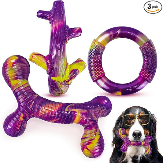 Furdog Indestructible Dog Toy 3Pack, Dog Chew Toys for Aggressive Chewers, Tough Dog Toys to Keep Them Busy for Medium Large Breed, Bacon Flavor (Purple)