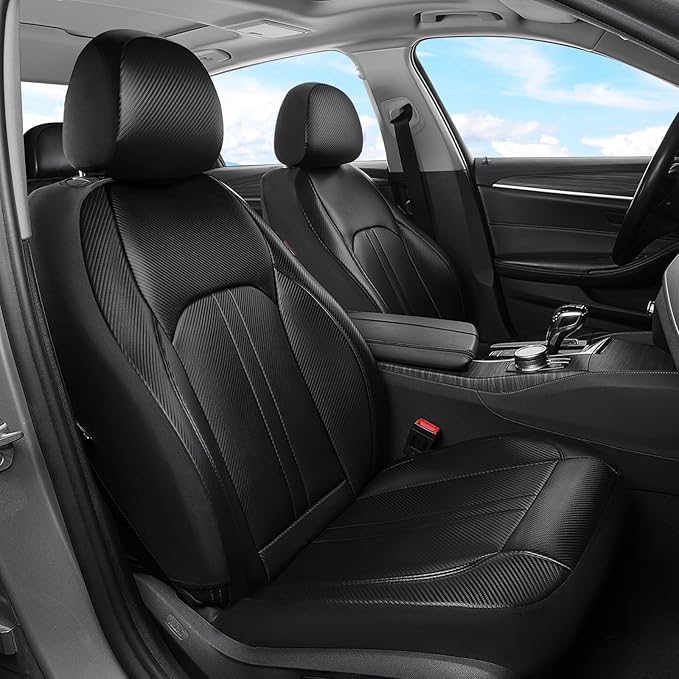 Coverado Leather Car Seat Covers Front Seats & Carbon Fiber, Waterproof and Durable All Weather Protector, Universal Fit for SUV, Pickup Truck, Sedan, Automotive Vehicle Interior （Black）