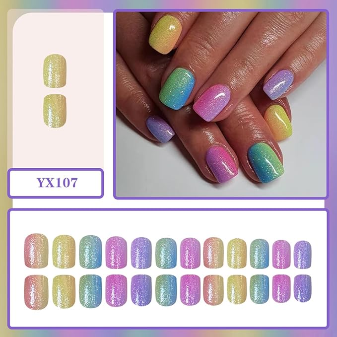 yefiuo Summer Press on Nails Short Square Ombre Fake Nails Press ons Rainbow Colors Acrylic False Nails Glue on Nails Reusable Nail Tips Kit Full Cover Stick on Nail Supplies for Women Girls 24Pcs