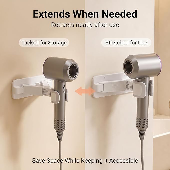 Wall Mount Hair Dryer Holder, Hands Free Hair Dryer Stand with Retractable Fold-Flat Arm, 360° Adjustable Head, Cord Organizer, Fits Most Hair Dryers for Bathroom, Vanity, Pet Grooming