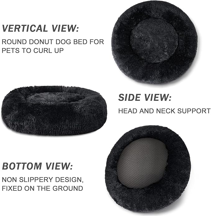 Patas Lague Calming Dog Bed for Large Dogs, Fluffy Soft Cozy Cat Bed, Faux Fur Anti-Anxiety Plush Washable Pet Donut Cuddler for All Seasons 36IN, Black