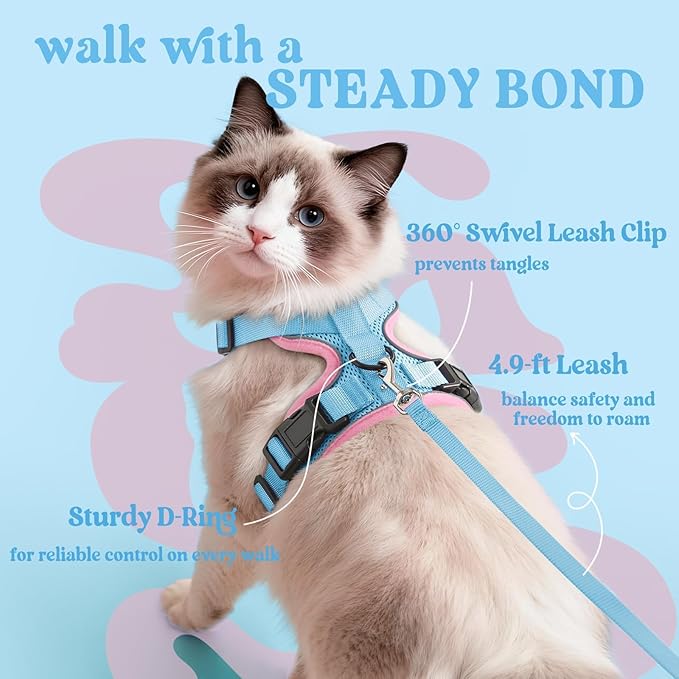 rabbitgoo Cat Harness and Leash Set, Escape Proof Kitten Harness for Safe Outdoor Walks, Soft Breathable Adjustable Vest with Reflective Strips for Kittens and Extra Small Cats, Light Blue & Pink, XXS