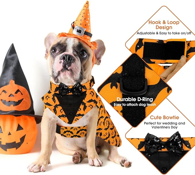 Kuoser Dog Tuxedo Suit and Bandana Set, Bat Pumpkin Print Dogs Halloween Outfit Adjustable Dog Halloween Costume with Bow Tie for Large Medium Small Dogs Golden Retriever Samo Bulldogs, Orange XL