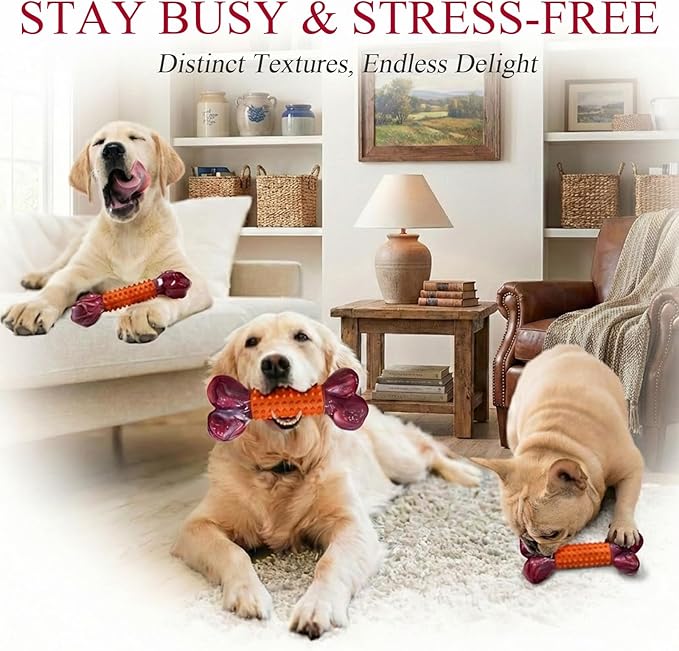 3-Pack Tough Dog Toys for Aggressive Chewers: Peanut Butter Flavored Long Lasting Dog Bones, Heavy Duty Nylon & Rubber Dog Chew Toys to Keep Them Busy, Medium & Large Breed, Orange