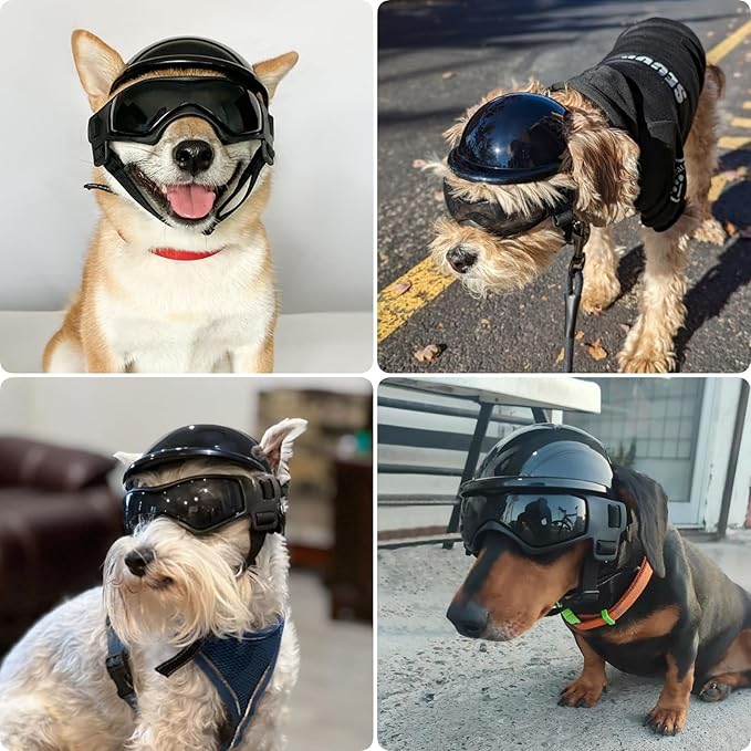 Dog Goggles for Small Dogs with Helmet, 2PCS Doggy Sunglasses and Pet Motorcycle Helmet Set for Small Medium Breed Outdoor Driving Walking, All Black