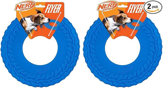 Nerf Dog Tire Flyer Outdoor Dog Toy, 10 Inch Flying Disc Dog Fetch Toy, Rubber Dog Toy for Medium Dogs and Large Dogs, Blue (Pack of 2)