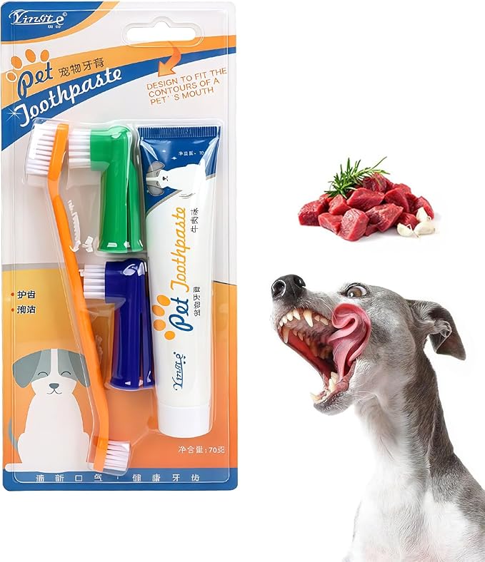 Dog Toothbrush and Toothpaste Kit Beef Dog Toothpaste(70g) Soft Nylon Double-Head Dog Toothbrush Dog Finger Toothbrushes Puppy Tooth Brushing Kit Pet Dental Care Kit for Dogs Fresh Breath