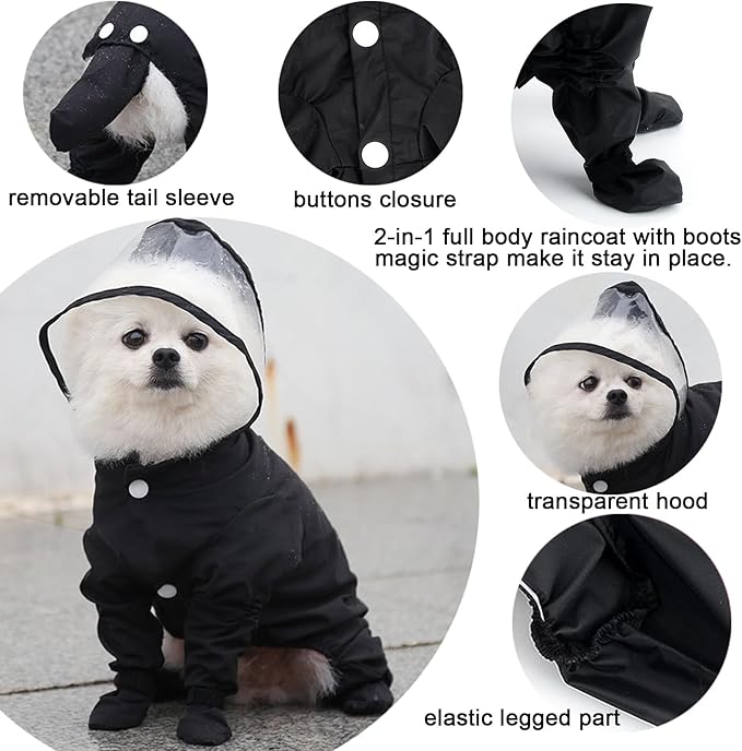 Zunea Waterproof Dog Raincoat with Hood for Small Dogs Rain Poncho Jumpsuit with Rain Boots Puppy Hooded Slicker Rainwear Four-Legged Pet Rain Jacket for Walking Black M