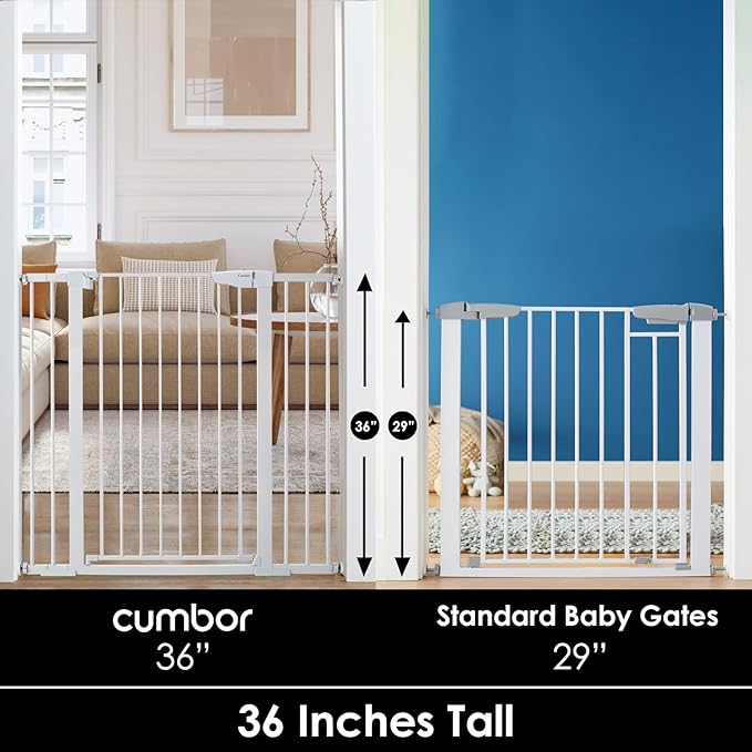 Cumbor 36" Extra Tall Baby Gate for Dogs and Kids with Wide 2-Way Door, 30"- 46" Width, and Auto Close Personal Safety for Babies and Pets, Fits Doorways, Stairs, and Entryways, White