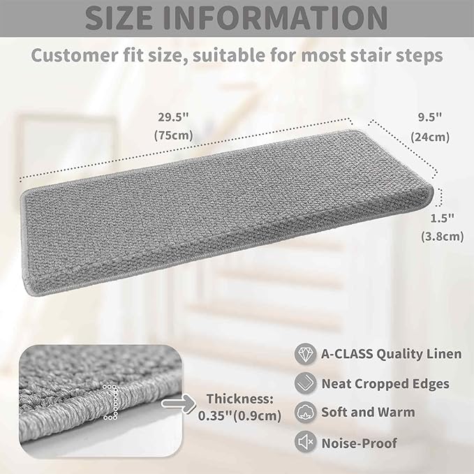 Brakki Bullnose Carpet Stair Treads, Non Slip Stair Treads for Wooden Steps Indoor, Stair Runner, Soft Stair Rugs for Pets, Edging Stair Protectors, Washable, 29.5"x9.5"x1.5" 2pcs, Grey