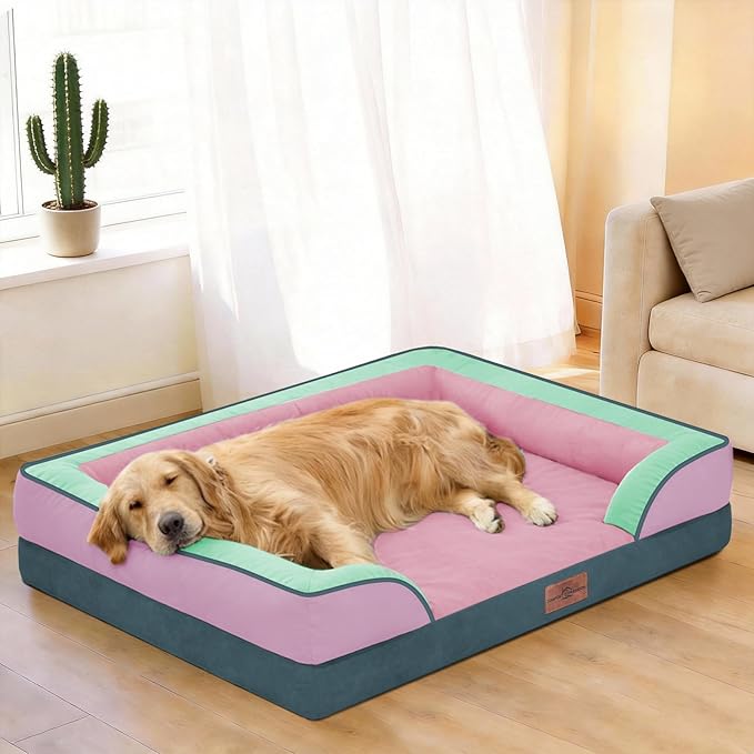 Comfort Expression Orthopedic Dog Bed for Extra Large Dogs 42x30 Inch, Waterproof Egg Crate Foam XL Pet Bed with Bolsters, Dog Couch with Washable Cover & Non-Slip Bottom, Mint-Berry Dream