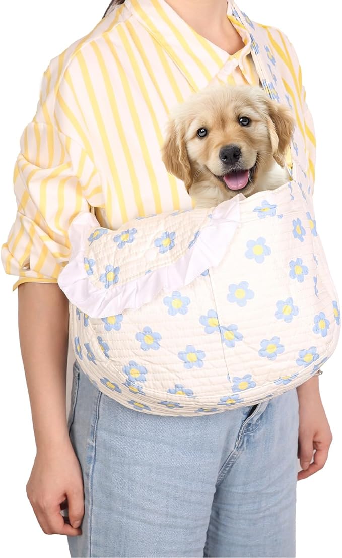 Floral Print Pet Carrier Bag for Small Dogs and Cats, Carry 5-15 Lbs Pet Purse, Hands-Free Design Pet Bags(Blue Floral, Small)