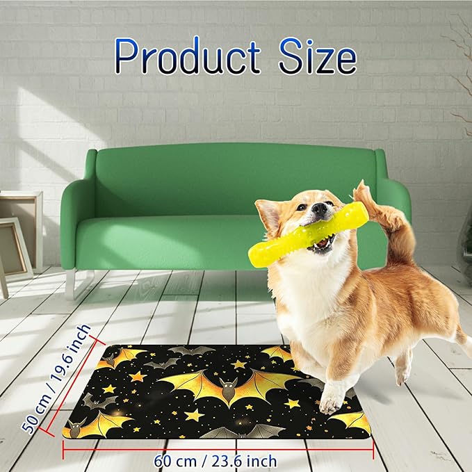 Dog Food Mat, 19.6" x 23.6" Absorbent Pet Feeding Mat for Food and Water, Waterproof Diatom Mud Pet Placemat with Non-Slip Rubber Backing, Easy Clean Cat Bowl Mat for Floors - Yellow Bat