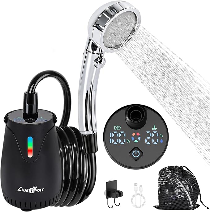 LIBERRWAY Portable Shower for Camping, 8000mAh Rechargeable Camping Shower Pump with LED Display&Ambient Light, 5 Pressure Modes, IPX8 Waterproof, Outdoor Shower Kit for Hiking,Travel, Car, Pet