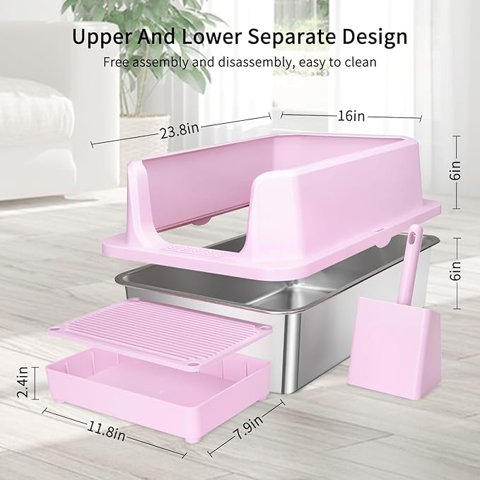RIZZARI Large Pink Stainless Steel Cat Litter Box - Open-Top with Non-Stick Coating, High Sides Splash-Proof, Easy Clean for Cats up to 20 lbs, Ideal for Living Rooms & Apartments