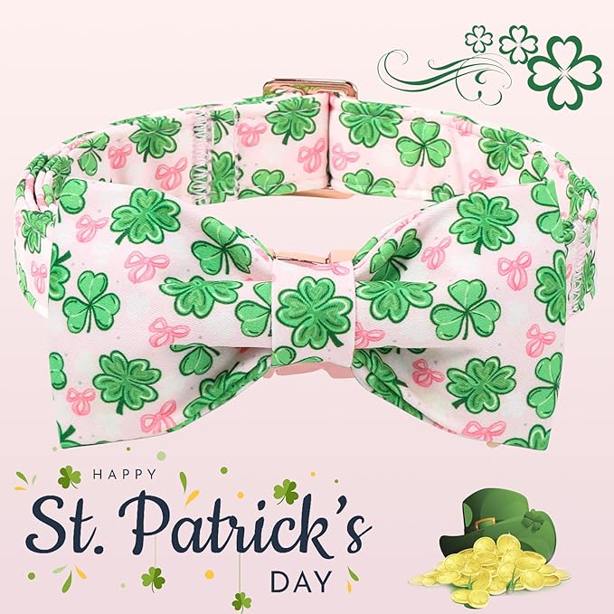DOGWONG St. Patrick's Day Shamrock Dog Collar with Bow,Pink Green Four Leaf Clover Pattern Dog Collar, Adjustable Durable Soft Collars Irish Gift for Male Female Dogs,M