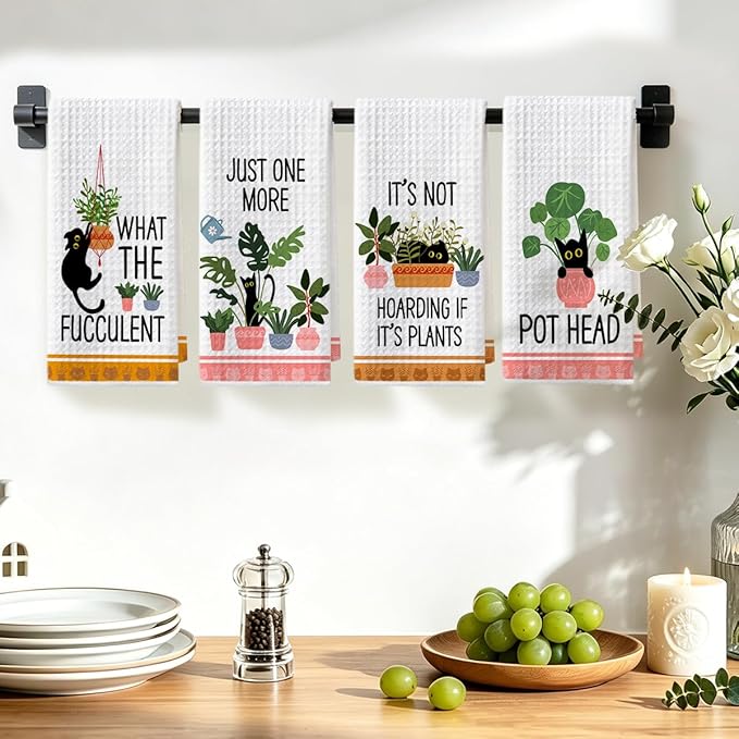 Hanamiya Na 4 Pcs Funny Cat Kitchen Towels, Plant Lover Gifts for Women Gardener Mom, Reusable Waffle Hand Towels for Bathroom Kitchen Home Farmhouse Decor, Cat Lover Gifts for Women, 24x14 Inch