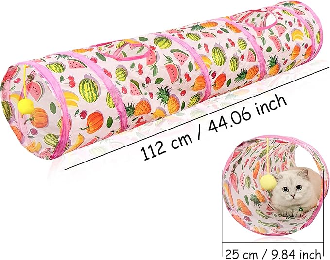 Andiker Cat Tunnel for Indoor Cats, 45" Long Rainbow Collapsible Kitten Tube with a Fun Ball and 2 Holes Cat Play Tunnel, Rabbit Tunnel for Kittens Exercising Hiding Training and Running (Pink)
