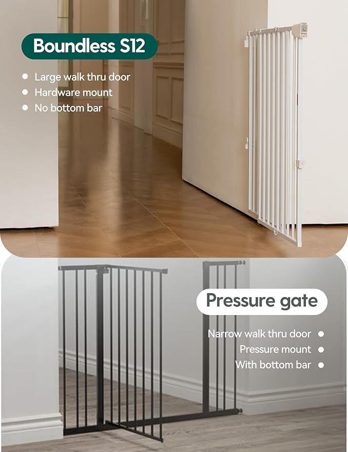 Babelio 29.7-46.5" No Bottom Bar Baby/Dog Gate for Stairs, House and Doorways, Auto Close Safety Pet Gates with Large Walk Thru Door, Hardware Mount