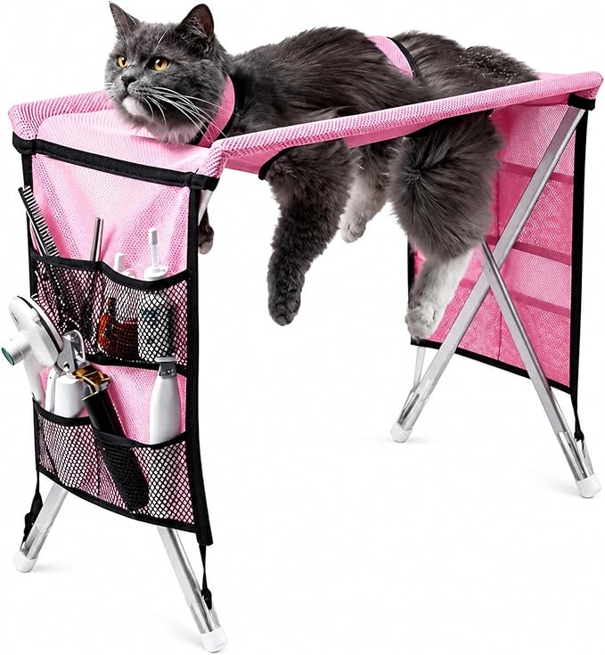 Pet Grooming Hammock for Small Dogs & Cats, Foldable Stainless Steel Grooming Table with Storage Pockets, Pet Bathing Support Stand for Nail Trimming & Drying(Pink)