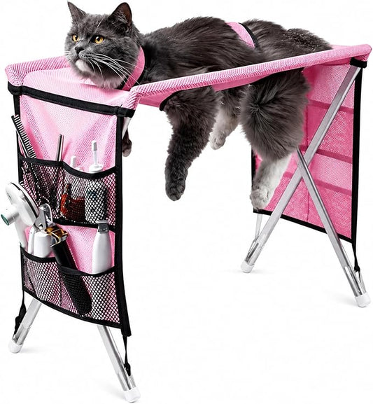 Pet Grooming Hammock for Small Dogs & Cats, Foldable Stainless Steel Grooming Table with Storage Pockets, Pet Bathing Support Stand for Nail Trimming & Drying(Pink)