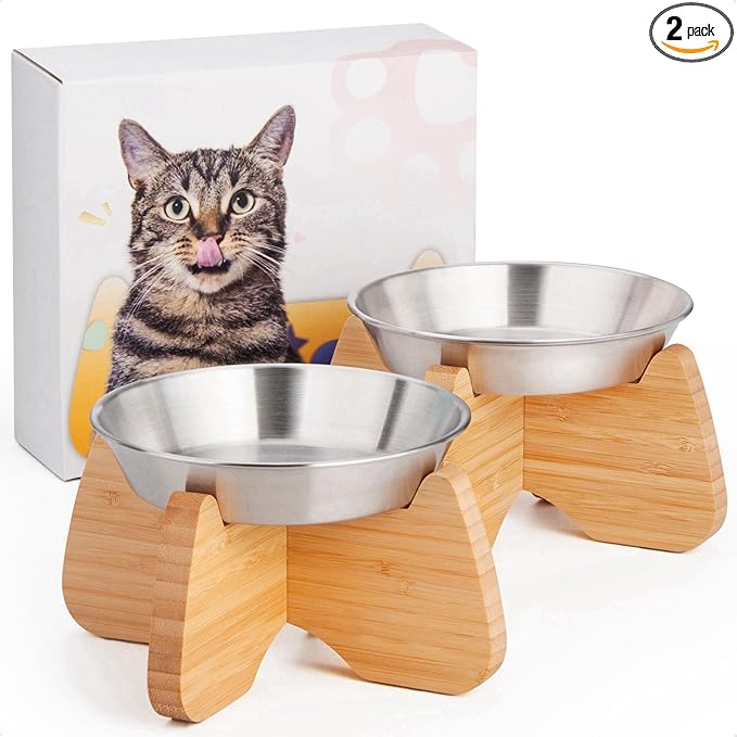 Raised Cat Bowl, 2 Pack Stainless Steel Elevated Cat Bowl Whisker Friendly Wide Flat Shallow Cute with Bamboo Stand Elevated Cat Food Plate Dishwasher Safe No Slip Lifted Raised Cat Dish Easy Clean