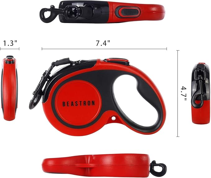 Upgraded Retractable Dog Leash, 16" Extra Long Tangle-Free Reflective Nylon, Small to Medium Dogs up to 110lbs, Waste Bags and Dispenser Included (Red)