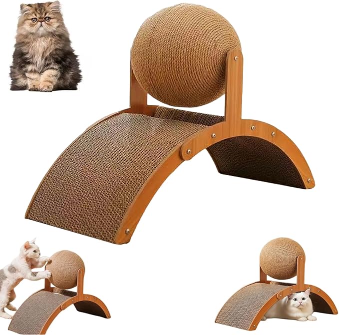 Cat Scratching Ball on Stand, Interactive Cat Scratcher with 360° Rotating Sisal Ball, Cat Scratching Post with Arch Bridge Balls, Cat Scratcher Board for Indoor,Protects Furniture & Rugs (1pcs)
