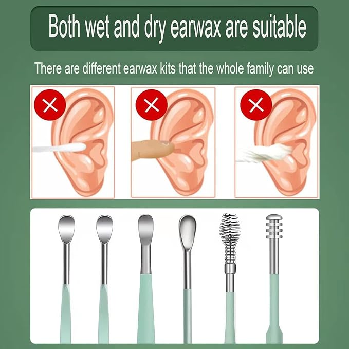 12 Pcs Ear Pick Earwax Removal Kit, Ear Cleaning Tool, Stainless Steel Earwax Removal Tool with Leather Storage Box (Black&Green)