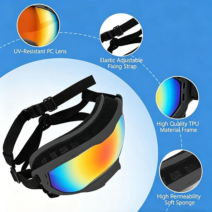 Dog Goggles for Medium to Large Breeds, UV Protection Dog Sunglasses with Colored PC Lens, Soft TPU Frame and Adjustable Straps, Windproof Dustproof Anti-Fog Pet Eyewear for Outdoor Activities (Black)