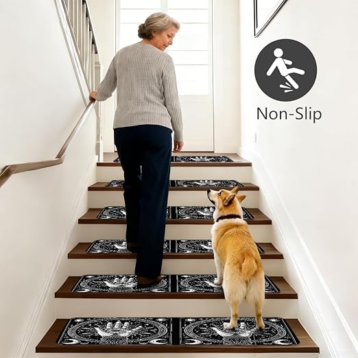 Abstract Sun Moon Stair Treads for Wooden Steps Indoor Washable Staircase Carpet 1PCS 30"x7.8" Stair Step Treads Non-Slip Staircase Covers Peel and Stick Safety Mat for Kids Elders Pets