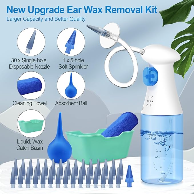 Ear Wax Removal Kit, Safe Effective and Easy Ear Cleaner, Ears Irrigation Flushing System, Ears Cleaning Kits for Adults & Kids, Earwax Removal Tools, Earwax Cleaner Tool Set - 30 Tips, Basin, Towel