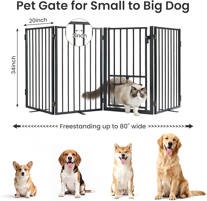 Metal Freestanding Dog Gate with Cat Door for Indoor & Outdoor,34" Tall Foldable Dog Fence,80" Extra Wide Pet Gate for RV Camping,Stairs,Deck,Yard,Doorways,with 3PCS Support(4 Panels,Black)