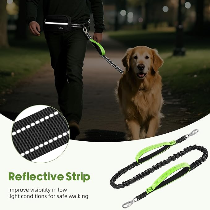 VavoPaw Hands Free Dog Leash with Pouch, Waist Leash for Dog Walking, Jogging, Hiking, Retractable Leashes with Dual Padded Handles, Adjustable Reflective Belt for Small Medium Large Dogs, Black Green