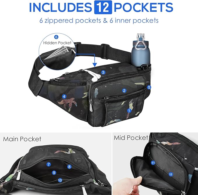 NOOLA Fanny Pack Waist Bag for Men Women, Lightweight Waist Pack with Water Bottle Holder, Adjustable Belt Bag with Multi-Pockets for Hiking, Dog Walking, Outdoor, Cycling, Running, Travel, Floral