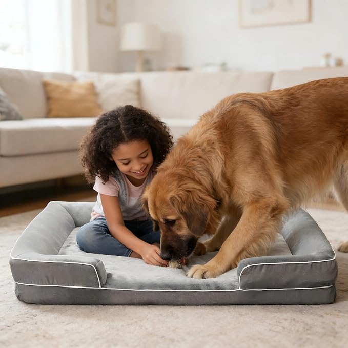 Orthopedic Dog Bed Set for X Large Dogs,Memory Foam Bed 42x30inch,Washable Removable Cover with Dog Bed Bolster Pillows & Egg Crate Support,Grey,