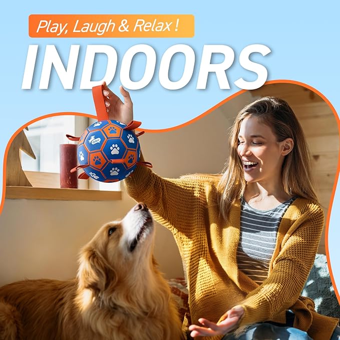QDAN Dog Ropes Toys Soccer Ball with Straps, Puppy Birthday Gifts, Tug Toy, Durable Dog Balls for Medium & Large Dogs- Blue Orange(8 Inch)