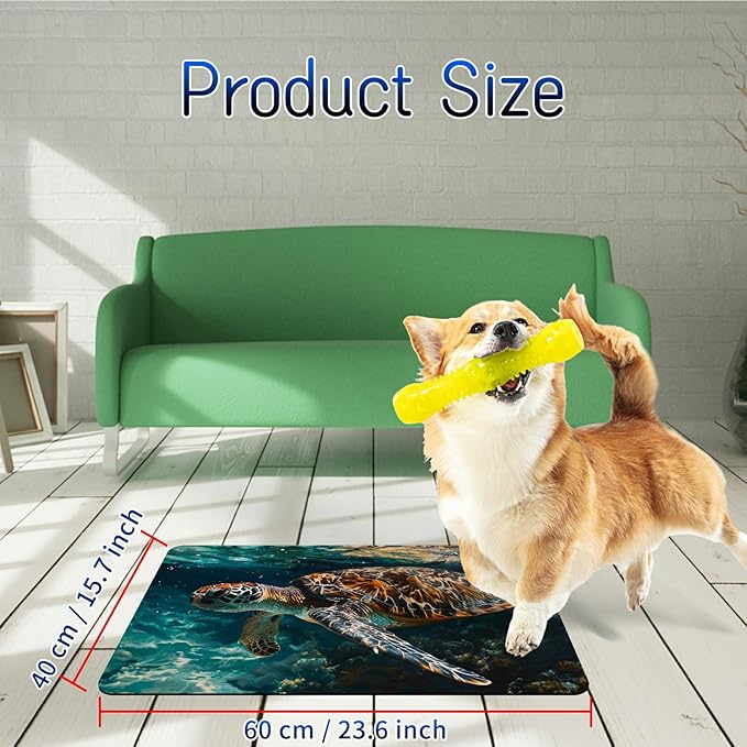 Dog Food Mat, 15.7" x 23.6" Absorbent Pet Feeding Mat for Food and Water, Waterproof Diatom Mud Pet Placemat with Non-Slip Rubber Backing, Easy Clean Cat Bowl Mat for Floors - Ocean Sea Turtle