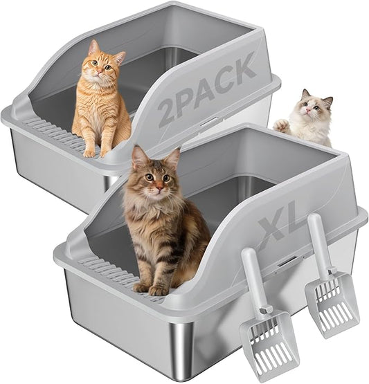 2PACK Stainless Steel Cat Litter Boxes, XL Large Metal Litter Box with High Sides Lid, Odor Free Litter Pan Include Scoop Easy Cleaning Anti-Scratch Kitty Cat Box Anti-Urine Leakage, Non-Sticky