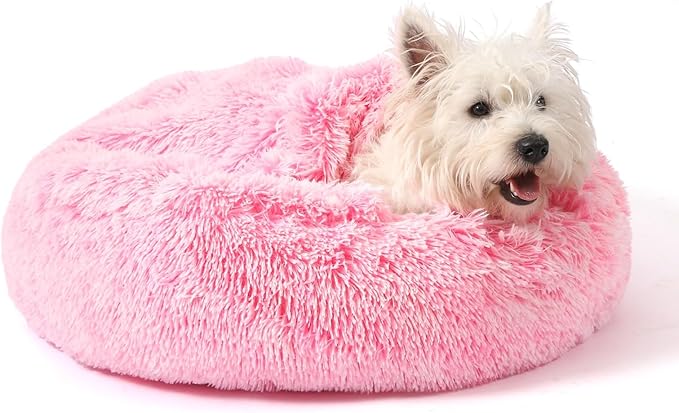 Calming Donut Dog Bed with Hooded Blanket – Plush Fluffy Cave Bed for Small & Medium Dogs, Machine Washable Anti-Anxiety Pet Bed for Cats