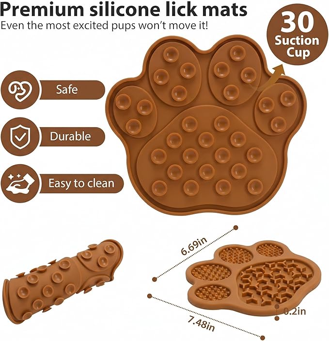 Lick Mat for Dogs and Cats, Slow Feeder Mats with Suction Cups - Bathing, Grooming and Training, Anxiety Relief Feeding Pad,Dishwasher-Safe (PBW03-Brown-paw)
