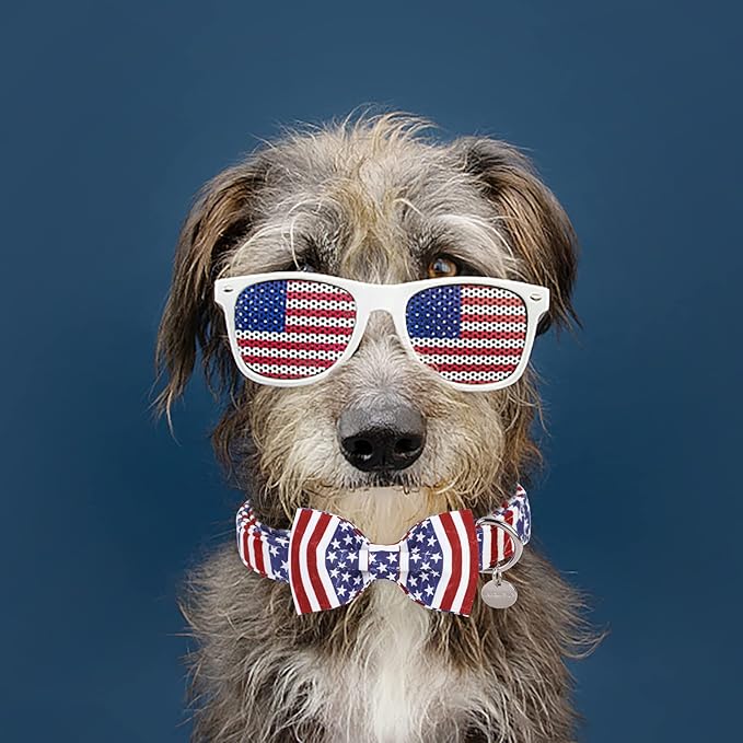 Dog Collar With Bow Tie, 4th of July Comfortable Cotton, American Flag for Medium Girl Boy, Patriotic Bowtie With Metal Buckle, M